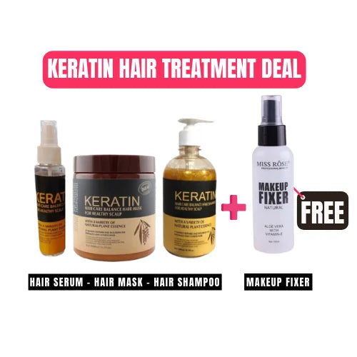 Keratin Hair Treatment | Hair Mask + Hair Shampoo + Hair Serum With Free Makeup Fixer Deal Of 3